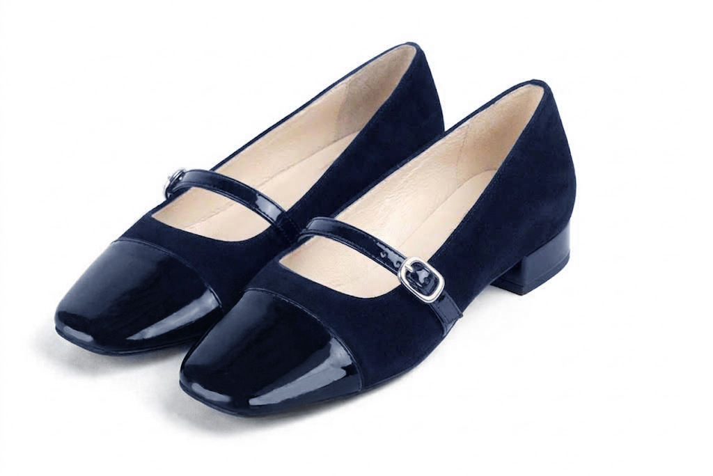 Women's navy blue low-heel ballet flats with square toe and low block heel - Front view